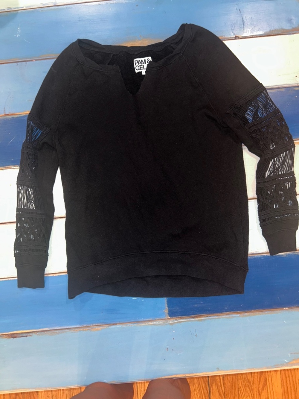 Pam & Gela Black Crochet Lace Sleeve Sweatshirt S